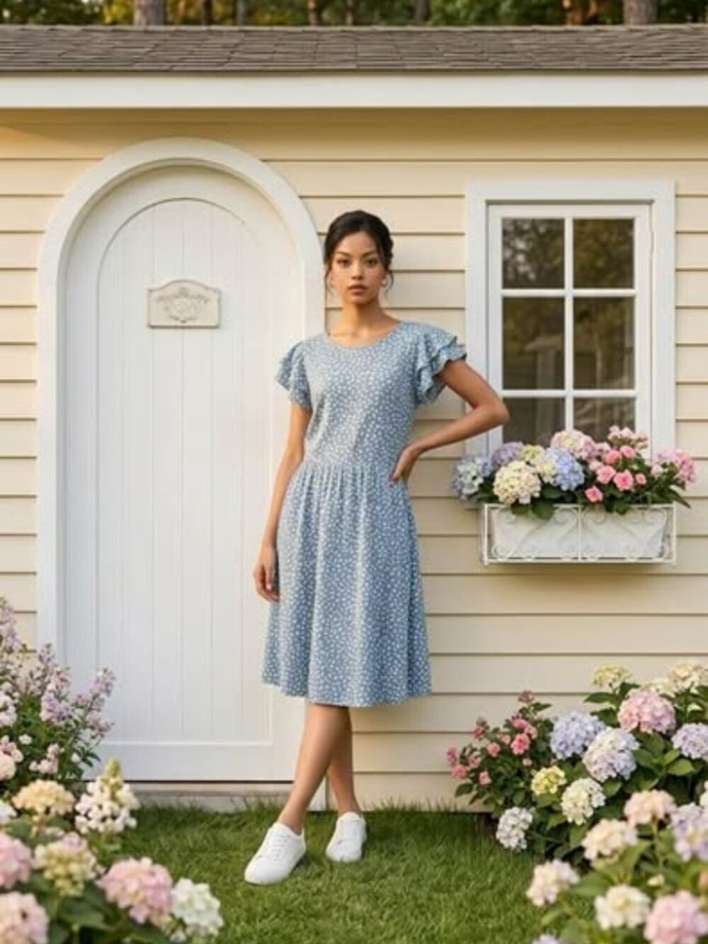 Soft Blue Printed Midi Dress